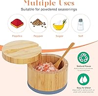 Vista 6 de Bodega de sal de bambú con tapa y cuchara, caja de sal gris, fácil de distinguir especias en el tazón, recipiente de sal con tapa giratoria
