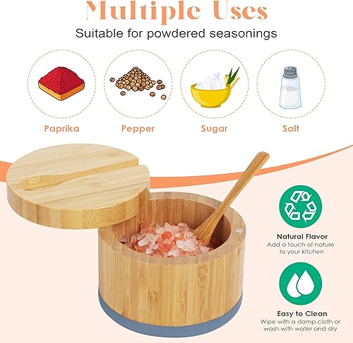 Miniatura 6 de Bodega de sal de bambú con tapa y cuchara, caja de sal gris, fácil de distinguir especias en el tazón, recipiente de sal con tapa giratoria