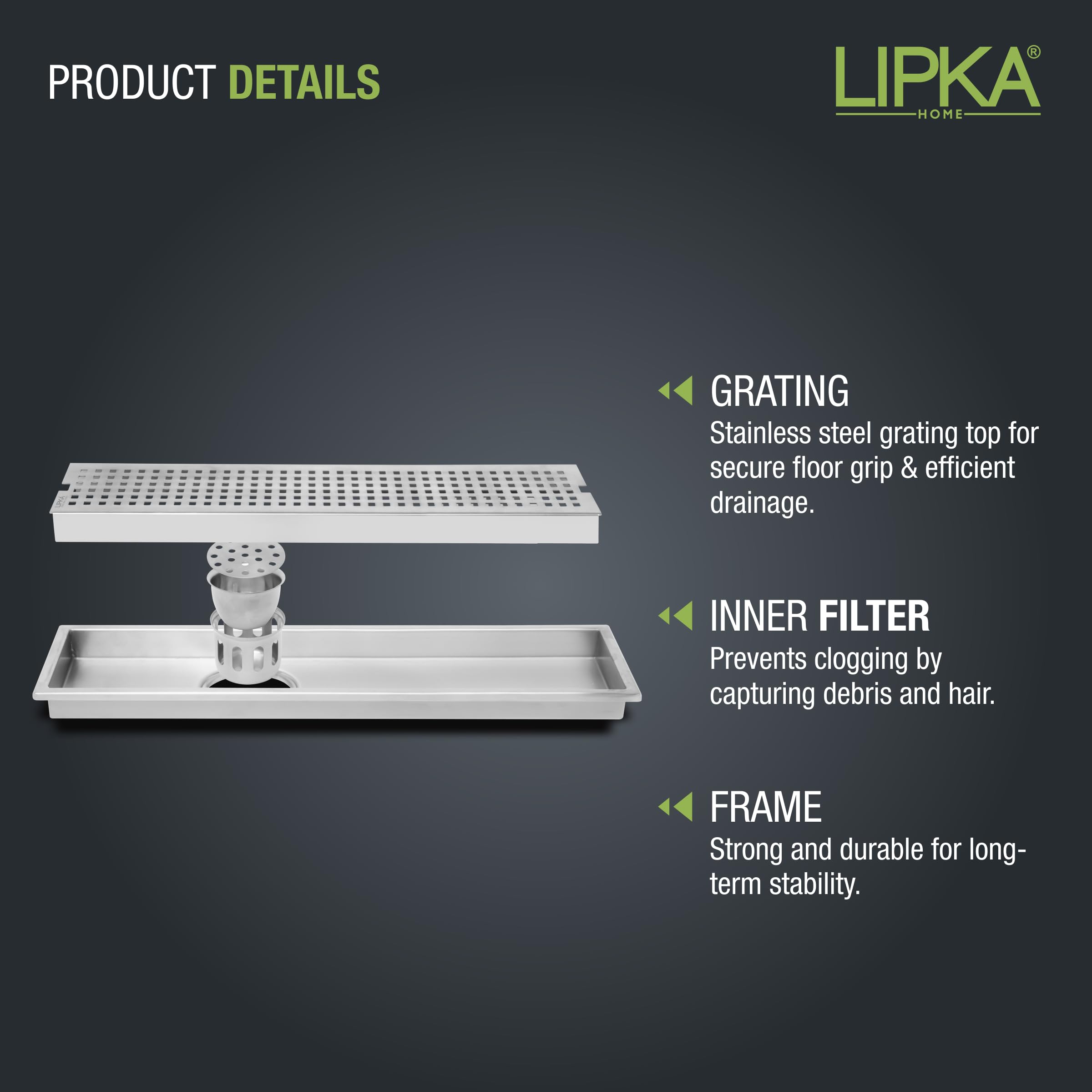 LIPKA Palo Shower Drain Channel | 36 × 5 Inches | 304 Stainless Steel Shower Water Drain Channel for Bathroom & Shower Areas| Floor Drain with Cockroach Trap, Side Hole with Collar 2
