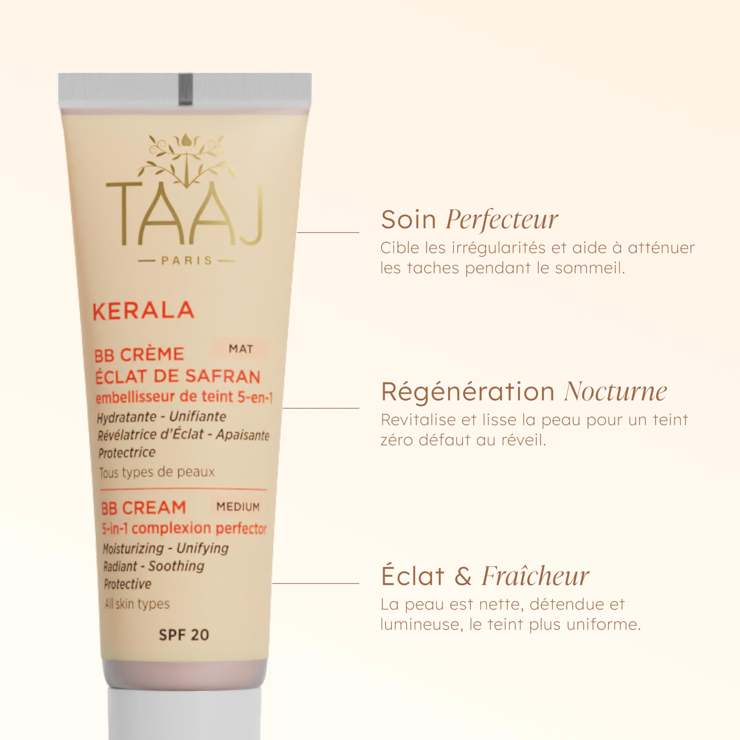 TAAJ | BB Crème Éclat de Safran Mat SPF 20 - KERALA | Hydrate, Unifie & Illumine le teint | Apaisante | Cible les irrégularités pour une peau parfaite | Texture légère & non grasse | Vegan | 50ml