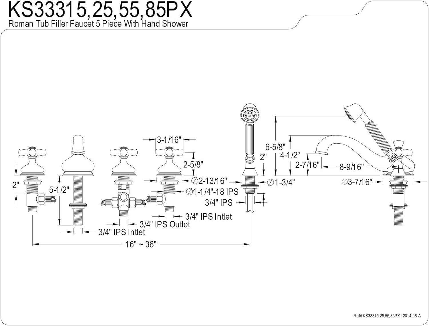 Kingston Brass KS33385PX Roman Tub Filler with Hand Shower and Porcelain Cross Handle, Brushed Nickel, 5-Piece