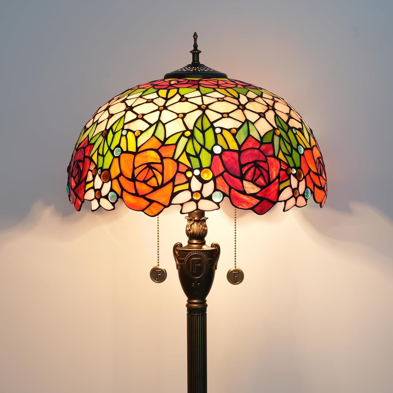 Tiffany Floor Lamp Rose Flower Stained Glass Standing Reading Light 16 Inches Antique Pole Corner Lamp Decor Bedroom Living Room Home Office