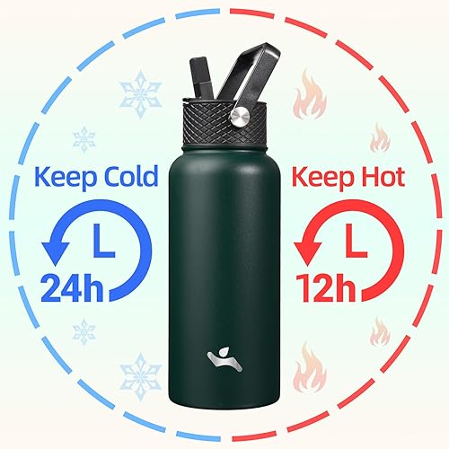 Miniatura 2 de Botella de agua aislada con popote, 32 onzas, 3 tapas, botellas de metal, botella de agua de acero inoxidable, verde militar