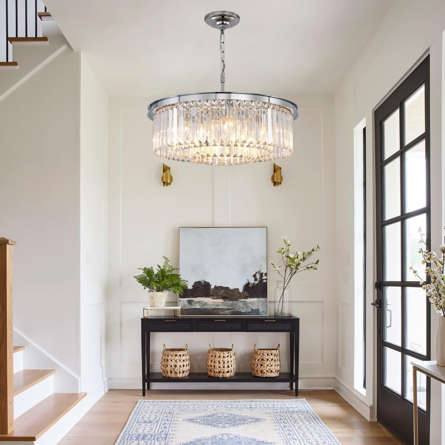 9Lights Crystal Chandelier Modern Chandeliers Lighting Pendant Ceiling Light Fixture 3-Tier for Dining Room Living Room Bedroom, Chrome Finished W24''