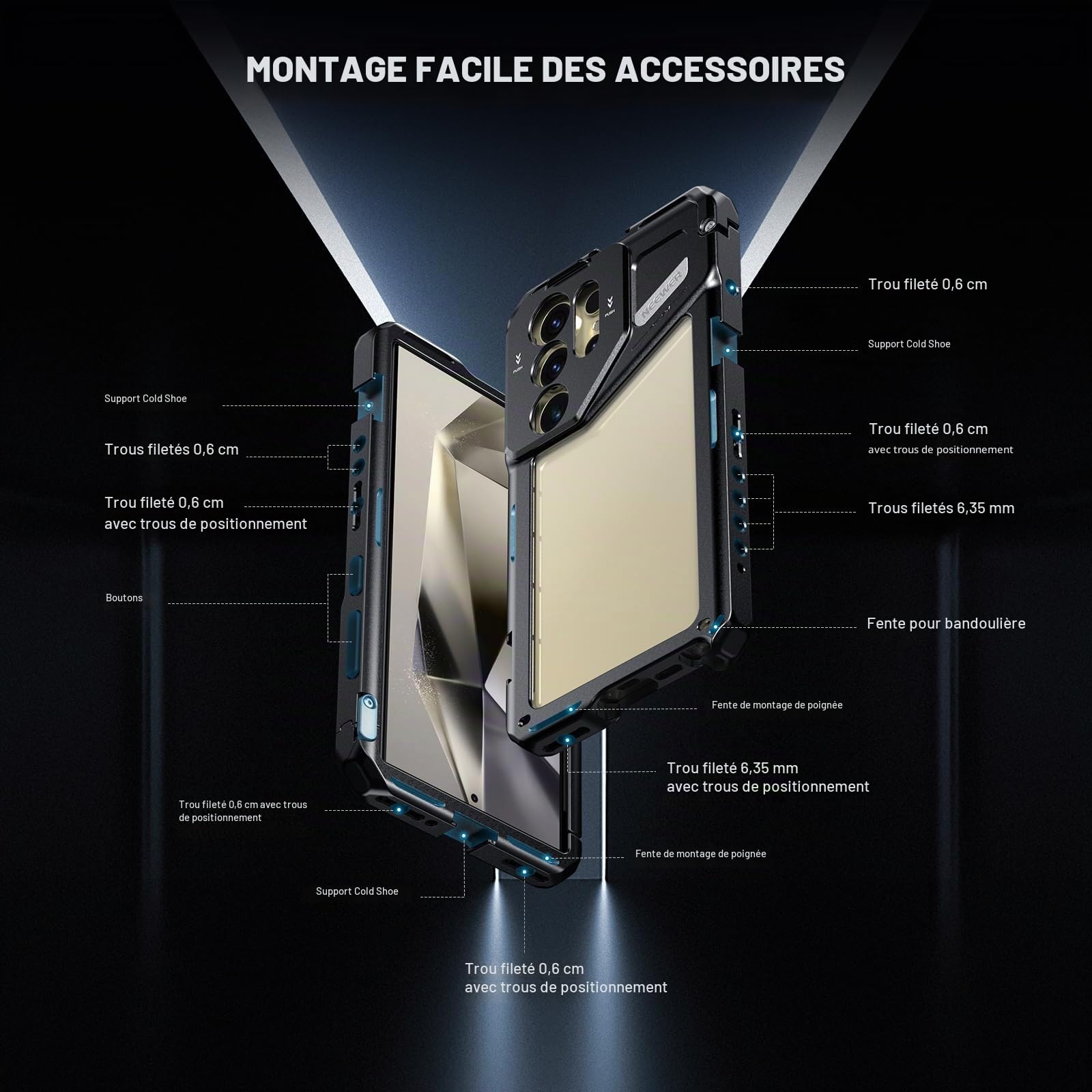 NEEWER S24 Ultra Cage pour Smartphone avec Adaptateur Filtre 67mm, Plaque arrière d'objectif 17mm, Adaptateur d'objectif à Monture T, Chiffon Nettoyage, stabilisateur vidéo pour Smartphone, PA042