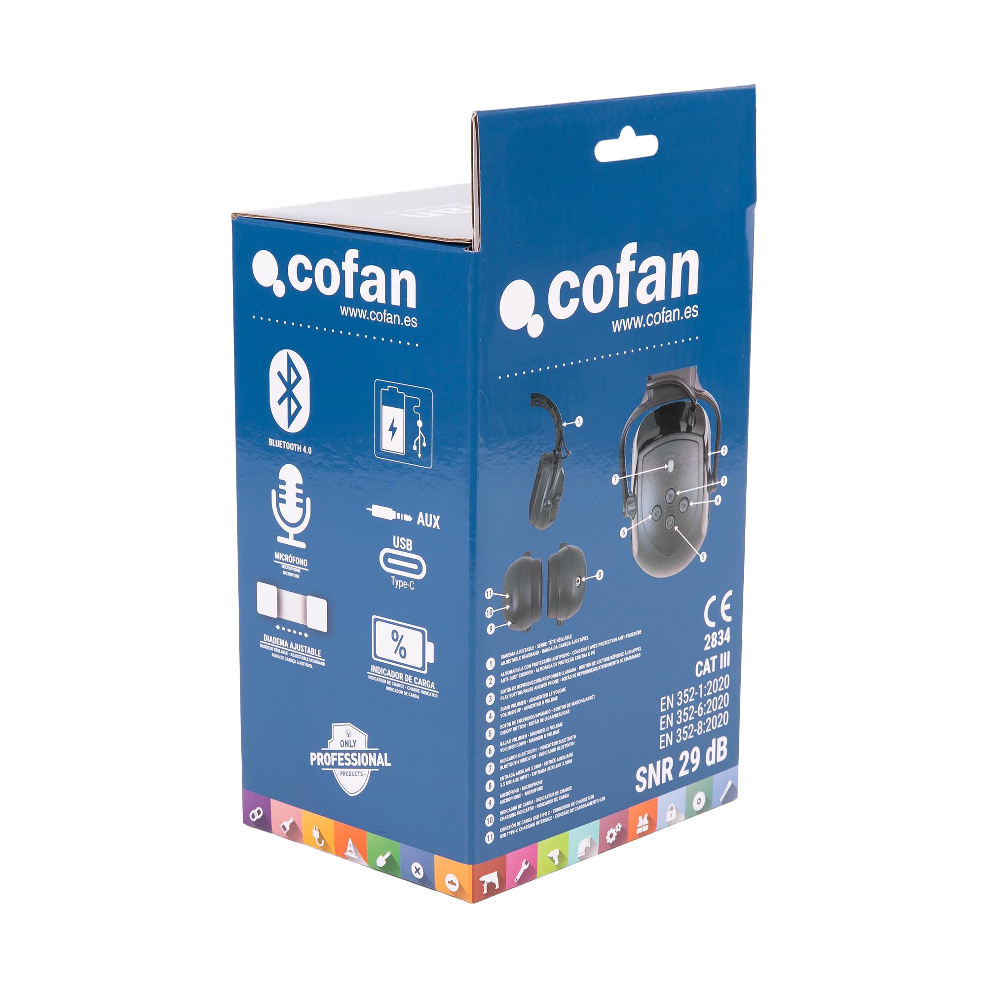 Cofan Cascos Antirruido con Bluetooth | Nivel de Reducción de Ruido (SNR): 29 dB | Protección Auditiva con Micrófono y Control de Volumen