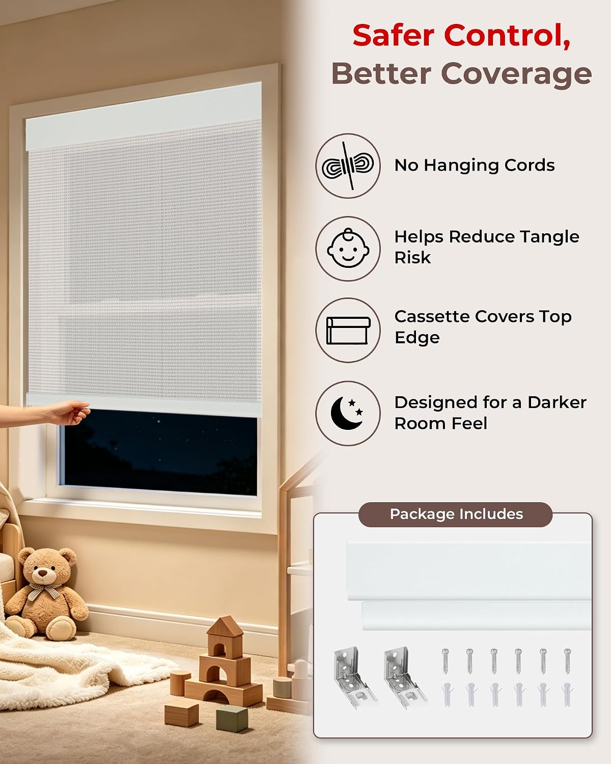 Allesin zen Free-Stop Cordless Cordless Blinds for Windows, 5% Openness, UV Protection, Light Filtering Roller Shades with View-Through Function for Home, Natural Woven, White, 35" W x 72" H