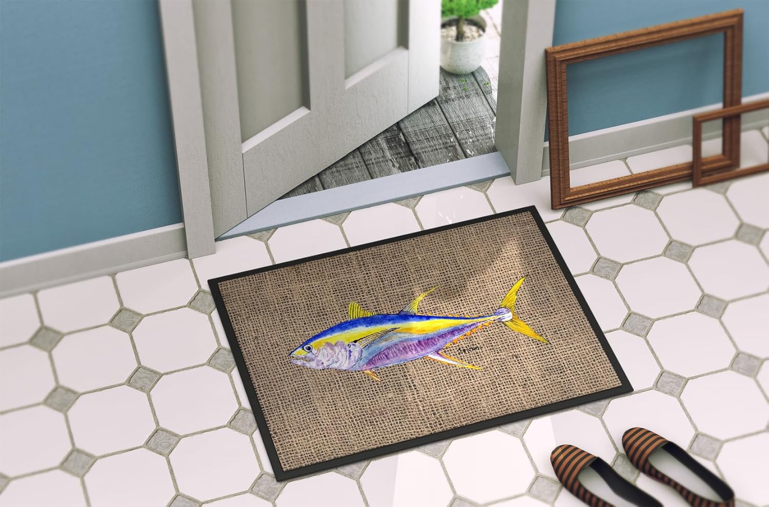 Caroline's Treasures 8771MAT Tuna Doormat 18x27 Front Door Mat Indoor Outdoor Rugs for Entryway, Non Slip Washable Low Pile, 18H X 27W