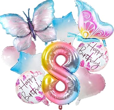 9Pcs Butterfly Balloons 8th Birthday Decorations for Gradient Colorful Foil Balloons 8 Years Old Fairy Butterfly Theme Birthday Party Supplies Decor