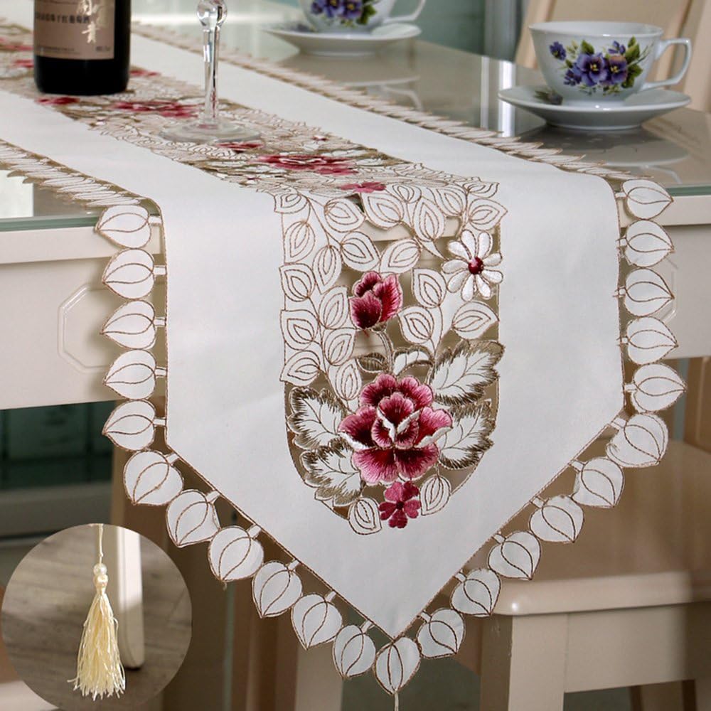 FashionMall Classic Rural Style Table Runners Hollow Out Embroidered Tassel Floral Lace (16*86 Inch)