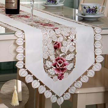 FashionMall Classic Rural Style Table Runners Hollow Out Embroidered Tassel Floral Lace 16*86 Inch
