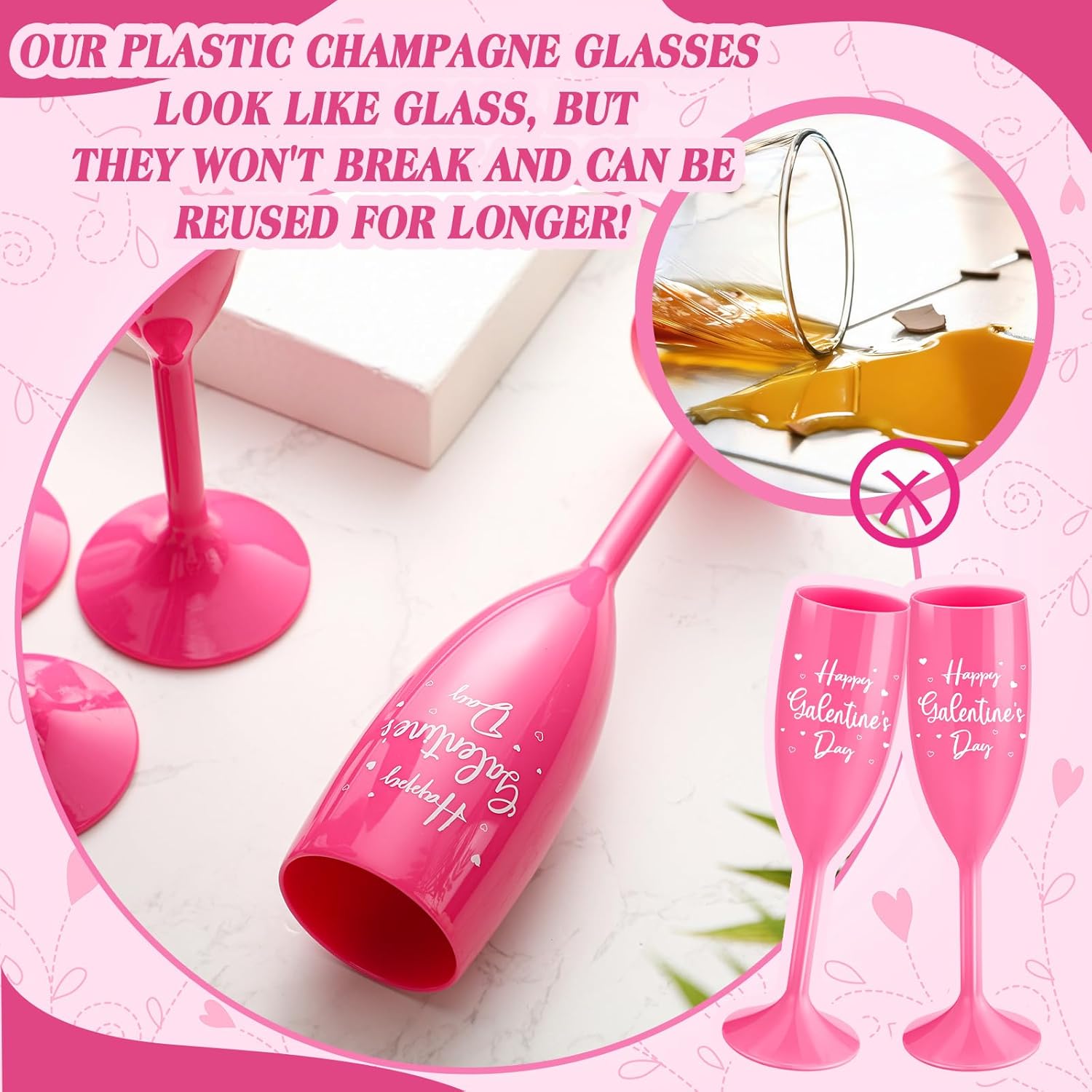 Qinyoung 6 Pcs Galentine's Day Champagne Flute 16oz Happy Galentine's Day Cups Reusable Plastic Unbreakable Champagne Goblet for Girls Ladies Galentines Decoration Valentine Party Supplies Decor