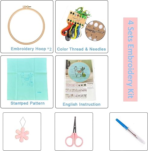 Miniatura 2 de ProJoyJoy Paquete de 4 kits de iniciación de bordado con patrón, kit de punto de cruz para principiantes, incluye aros de bordado, tela,