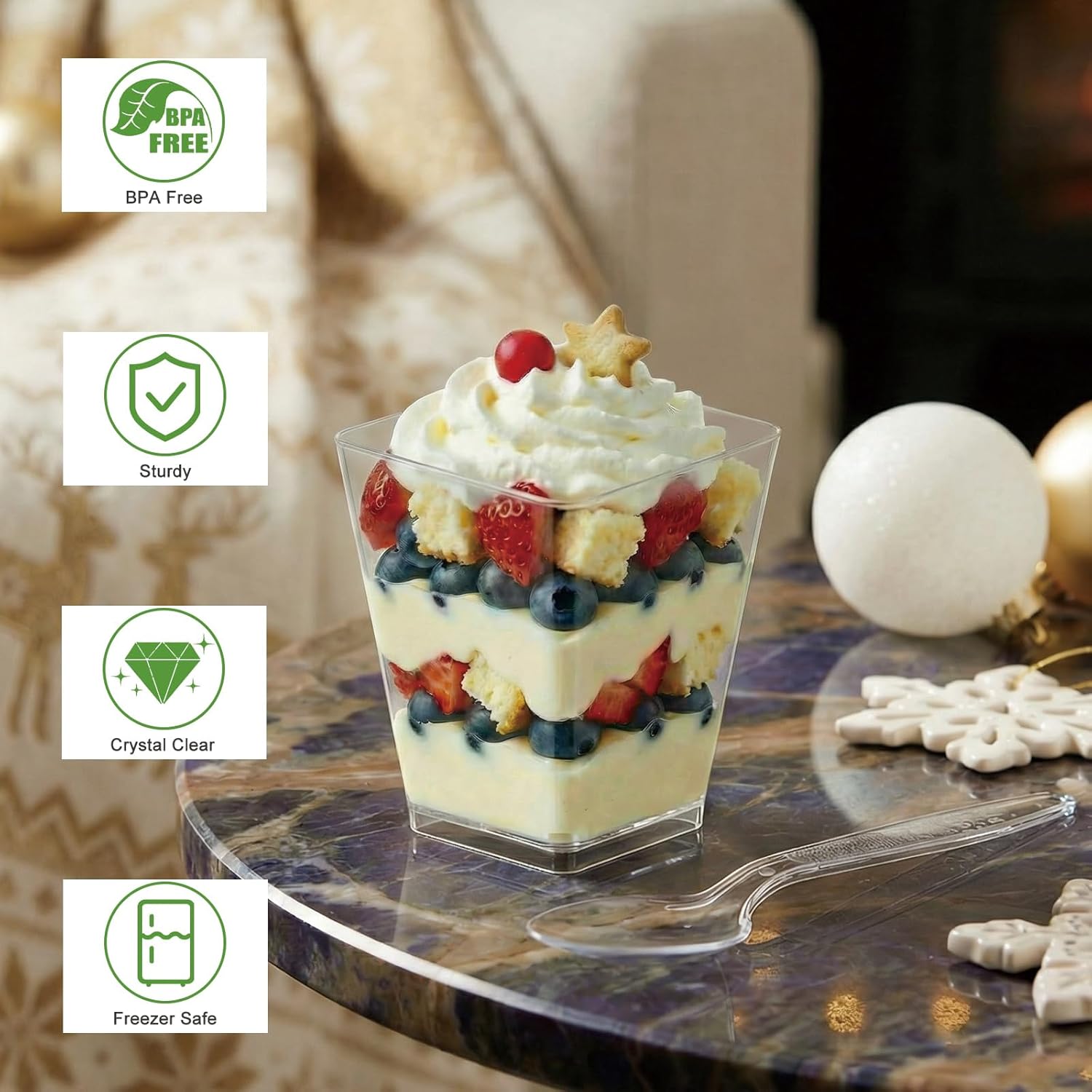 30 Pack 5 oz Square Dessert Cups with Spoons, Clear Plastic Parfait Cups for Party, Mini Serving Shooter Appetizer Cups, Dessert Shot Glasses for Tasting Samples Fruit Ice Cream - Image 4