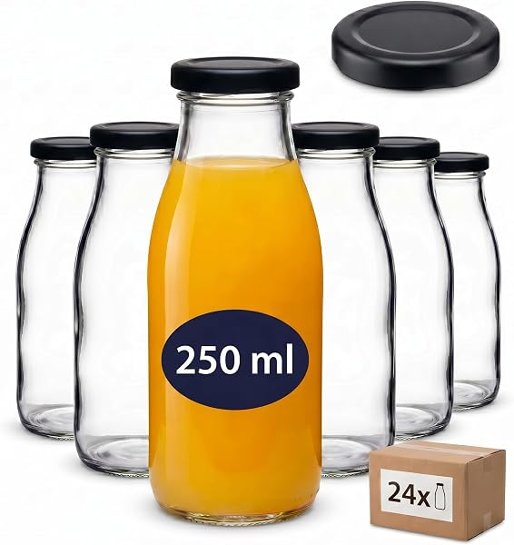 gouveo Zestaw 24 butelek na sok 250 ml z czarną zakrętką – butelka szklana 0,25 l z nakrętką TO43 – pusta butelka na sok, smoothie, lemoniadę (SF250SZ)