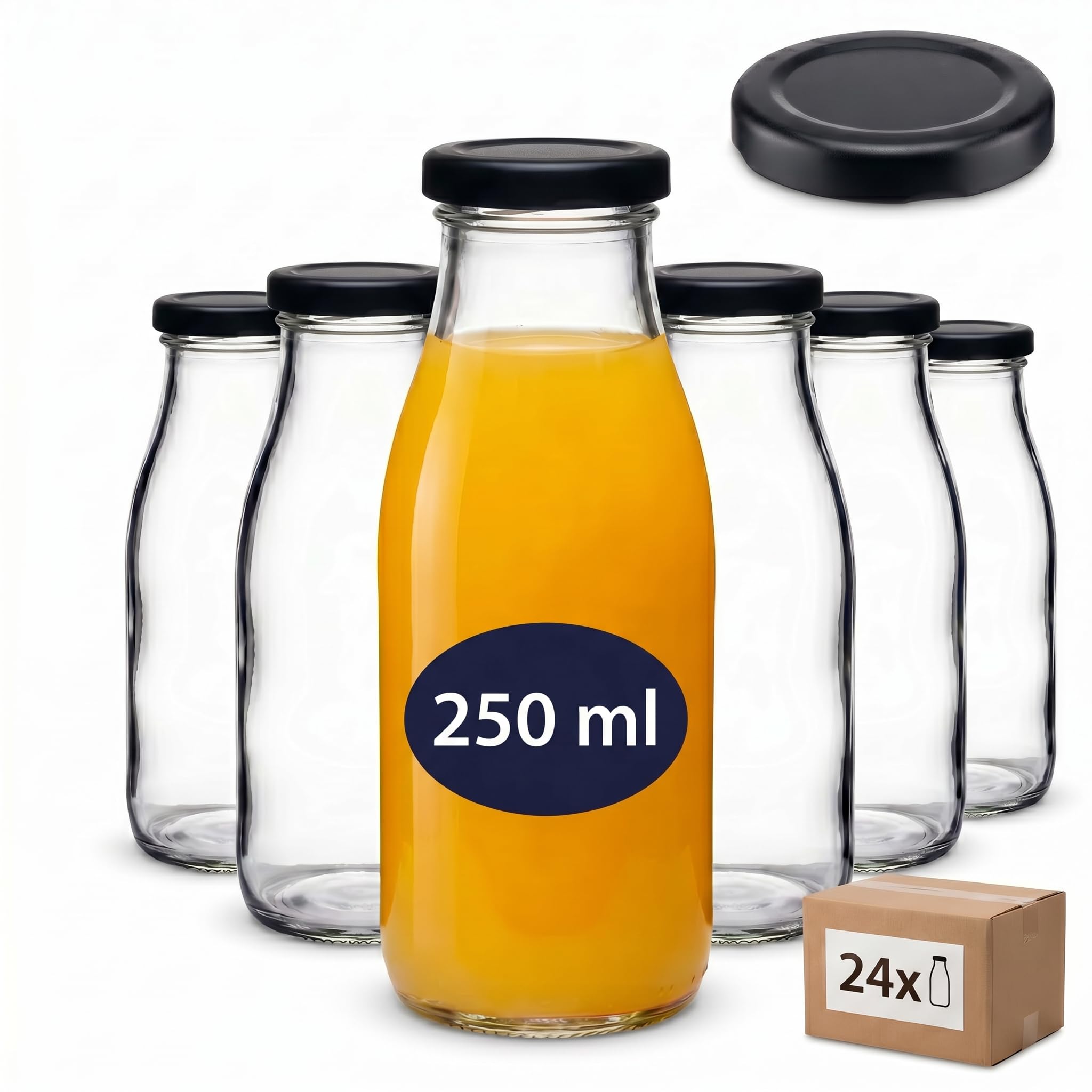 gouveo confezione da 24 bottiglie di succo da 250 ml con tappo a vite, nero opaco BS - bottiglie di vetro da 0,25 l con chiusura TO43 - bottiglie vuote per succhi, frullati e limonata (SF250SZBS)