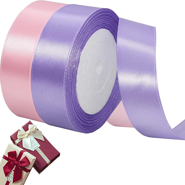 2 Rolls 25mmx22m Satin Polyester Ribbon Rolls,Organza Ribbon Satin Ribbon Fabric Ribbon Christmas Wrapping Ribbon for DIY Craft Wrapping Valentine Wedding Christmas Party Decoration (Purple Pink)