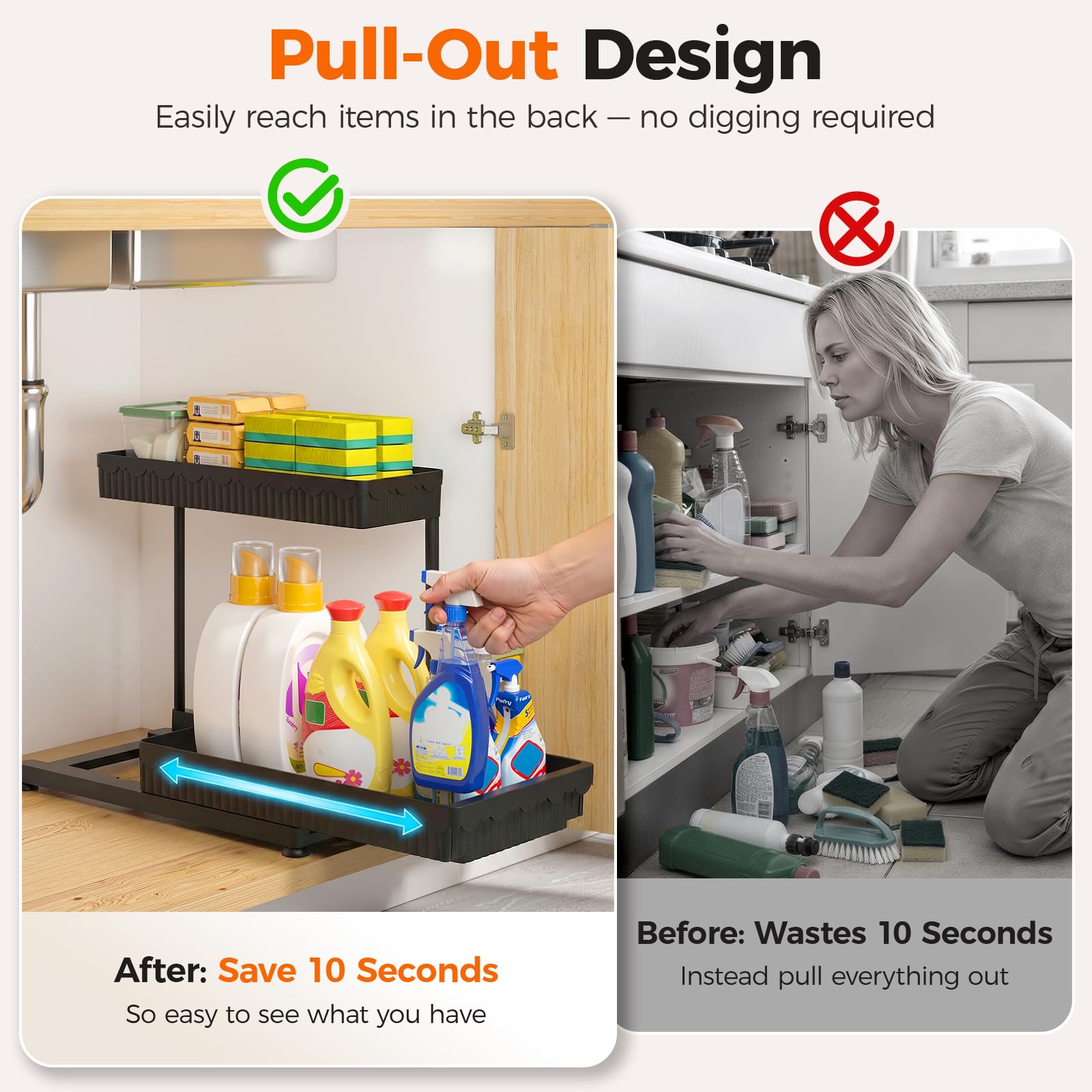 Sevenblue Paquete de 3 organizadores de almacenamiento extraíbles multiusos, organizadores de 2 niveles en forma de L para debajo del fregadero/armario y almacenamiento para baño y cocina, (negro