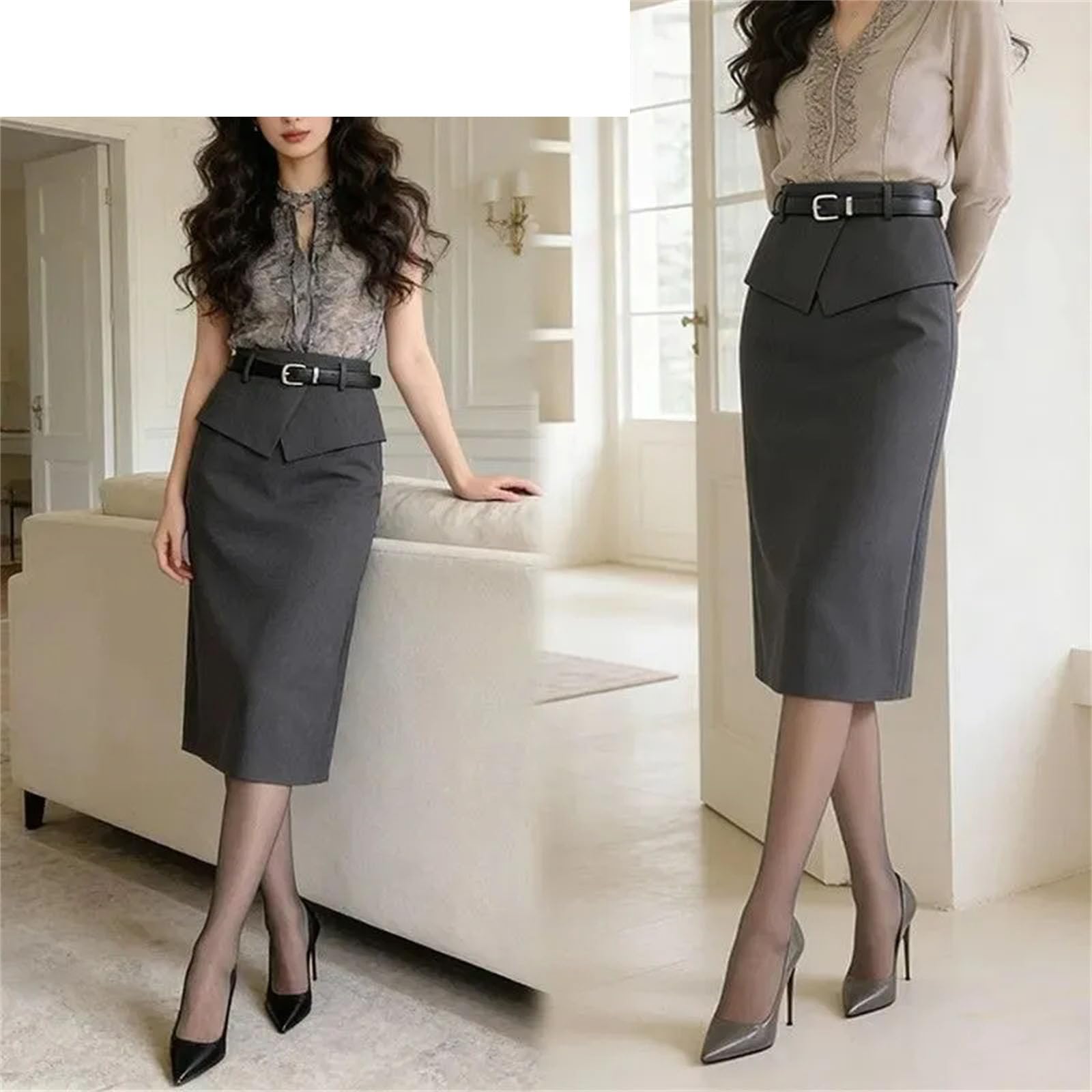 Falda midi entallada para mujer, cintura alta con cinturón, diseño dividido, faldas elegantes para oficina y trabajo