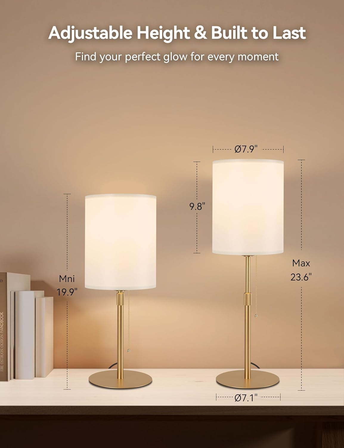 Tubicen Gold Table Lamp Plug in with Pull Chain 23.6" H Tall Thin Bedside Lamps with Small Fabric Shade Base Dimmable Modern Adjustable Height Table Lamps for Living Room Bedroom Office