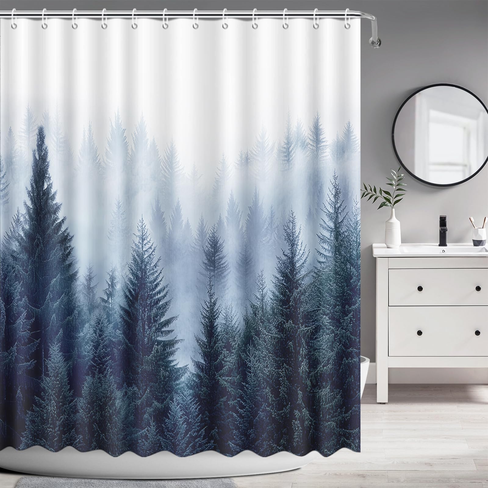 Rideau de douche forêt brumeuse bleu anti moisissure et déperlant