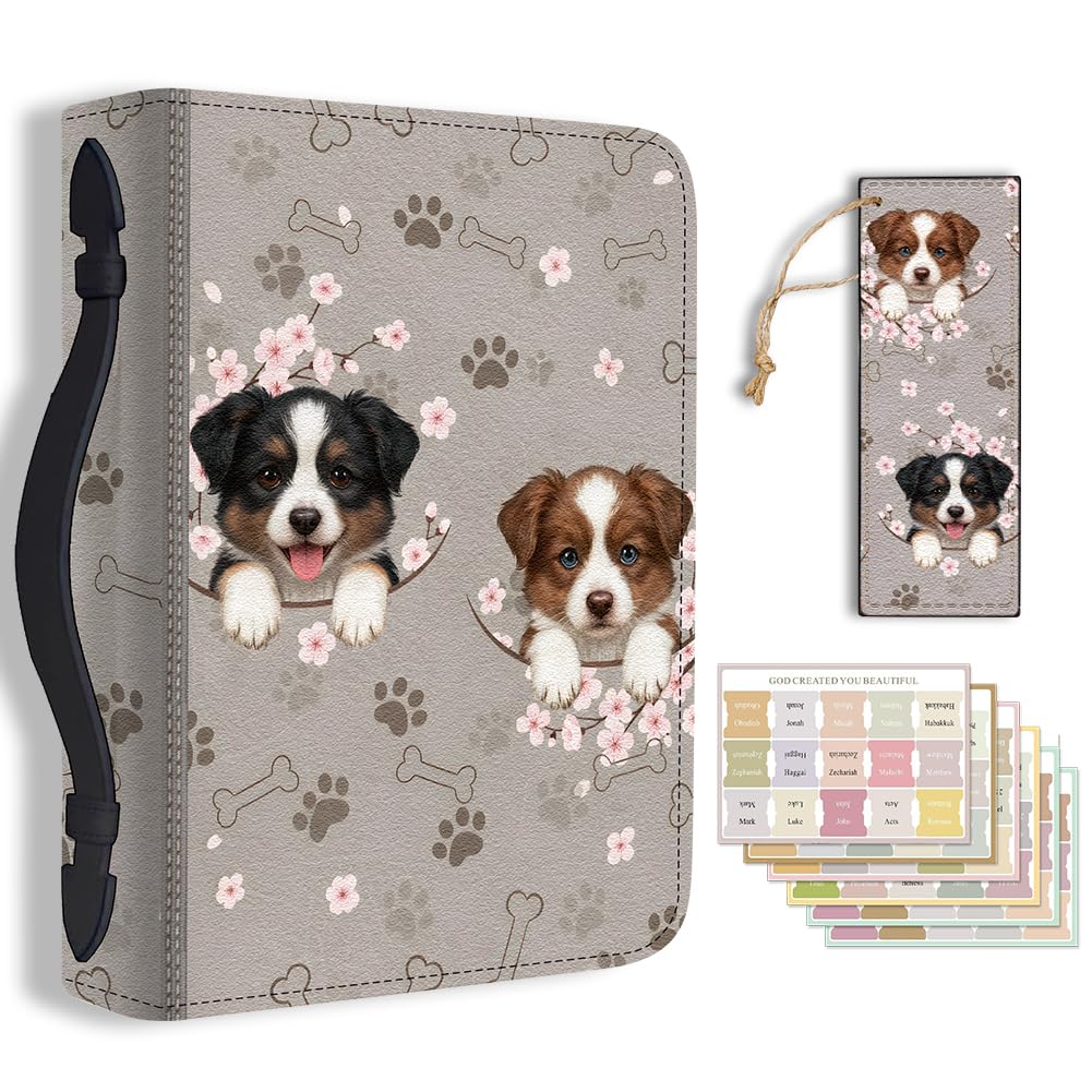 Hobbspring Bible Holder Case for School Office Sheepdogs Bible Protective with Handle Bookmark Cherry Blossoms Bibles Cover with Zipper and Label Stickers for Students Adults Brown PU Leather Bag