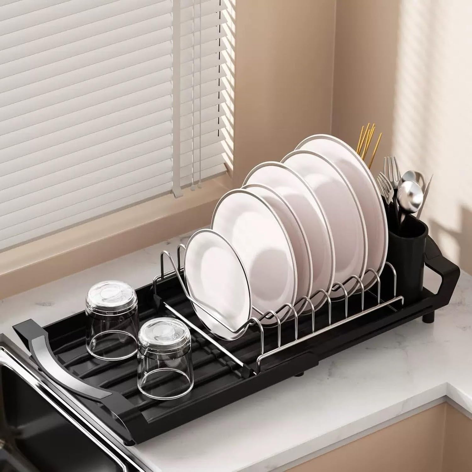 Escurridor de Platos Ajustable Acero Inoxidable con Cubiertos
