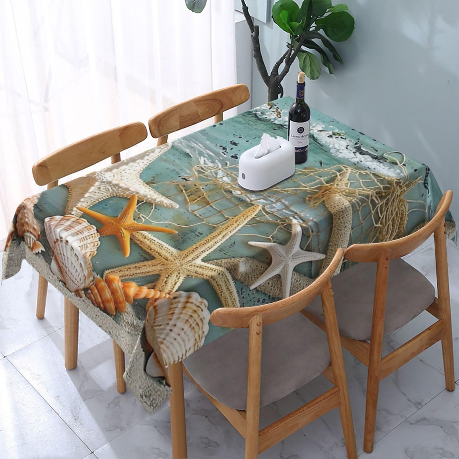 Nappe en tissu imprimé coquillages de plage 182x137cm de style maison de ferme chic et durable