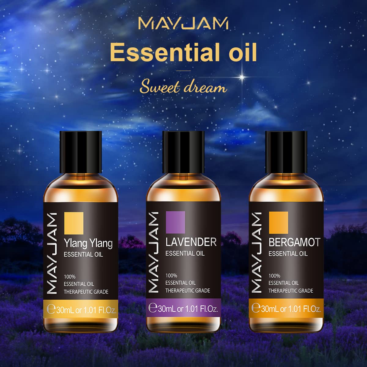 MAYJAM Set di Oli Essenziali 3 * 30ml Oli Essenziali Ylang Ylang Lavanda Bergamotto, Set di Oli Essenziali per Aromaterapia per Diffusore, Umidificatore