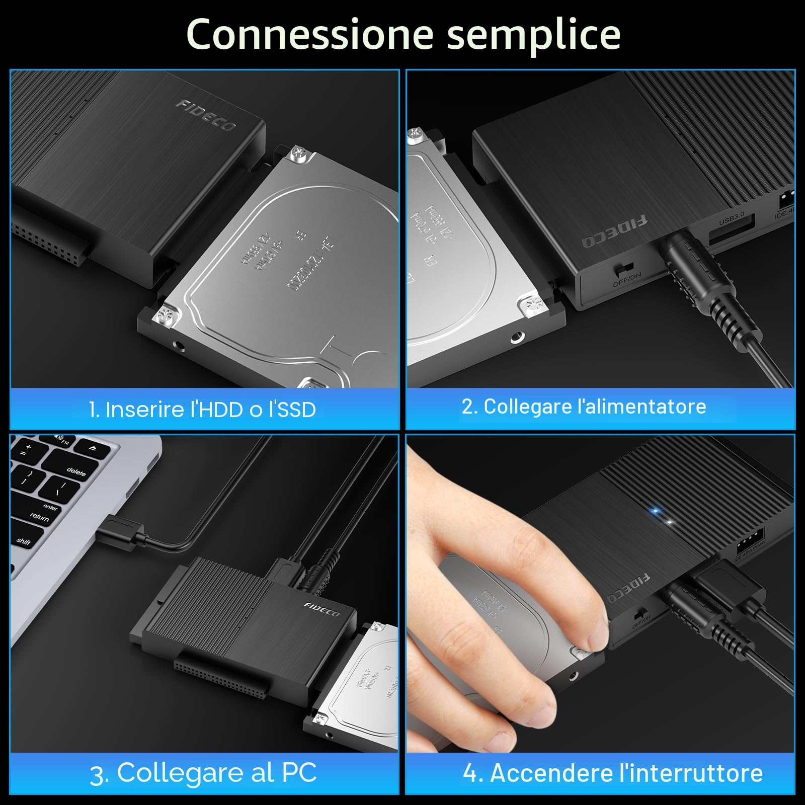 FIDECO Adattatore Disco Rigido USB 3.0 per 2.5"/ 3.5" HDD/SSD, convertitore SATA e IDE con alimentazione DC 12V 2A