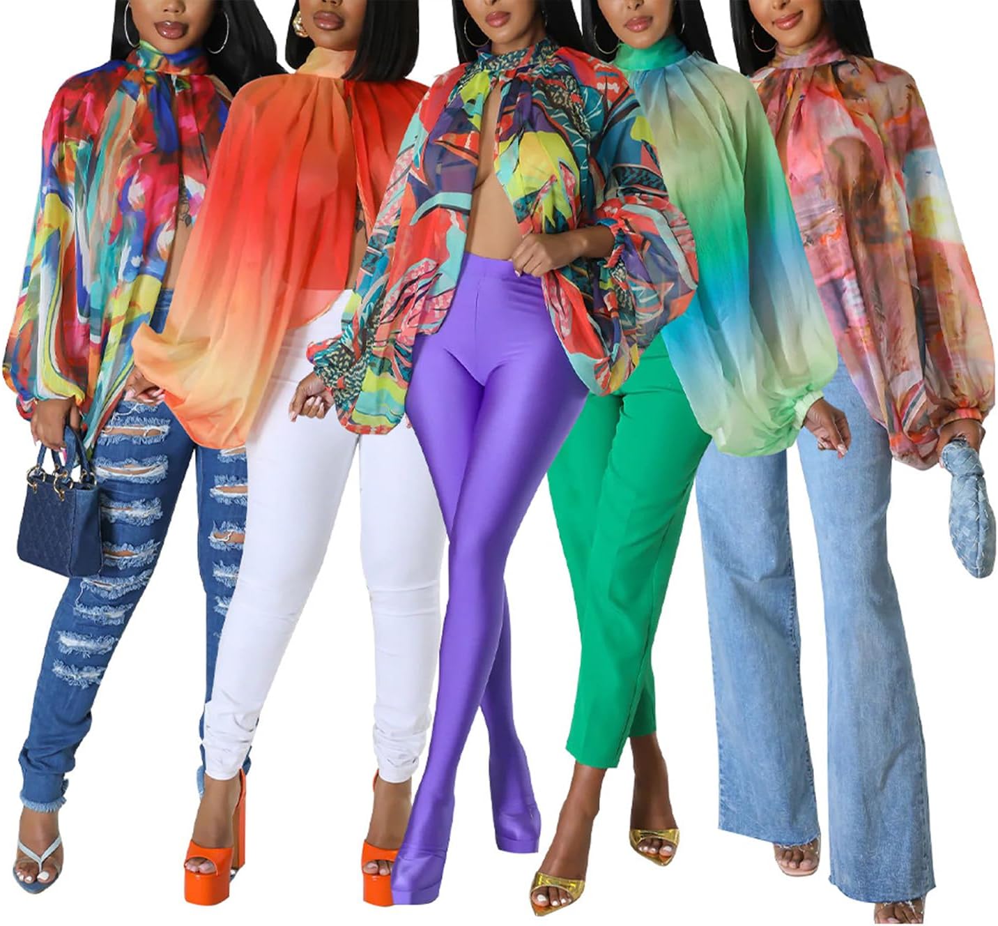 Ophestin Womens Print Sexy Open Back Sheer Chiffon Balloon Sleeve Shirt Blouse Tops Coverup - Image 2