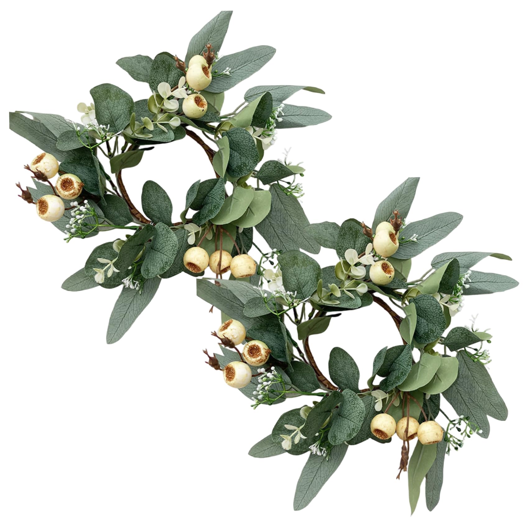 2Pcs Small Eucalyptus Wreath, Spring Green Candle Rings Wreaths with Berries Small Boho Wreath for Wedding Cabinet Door Tabletop Decor