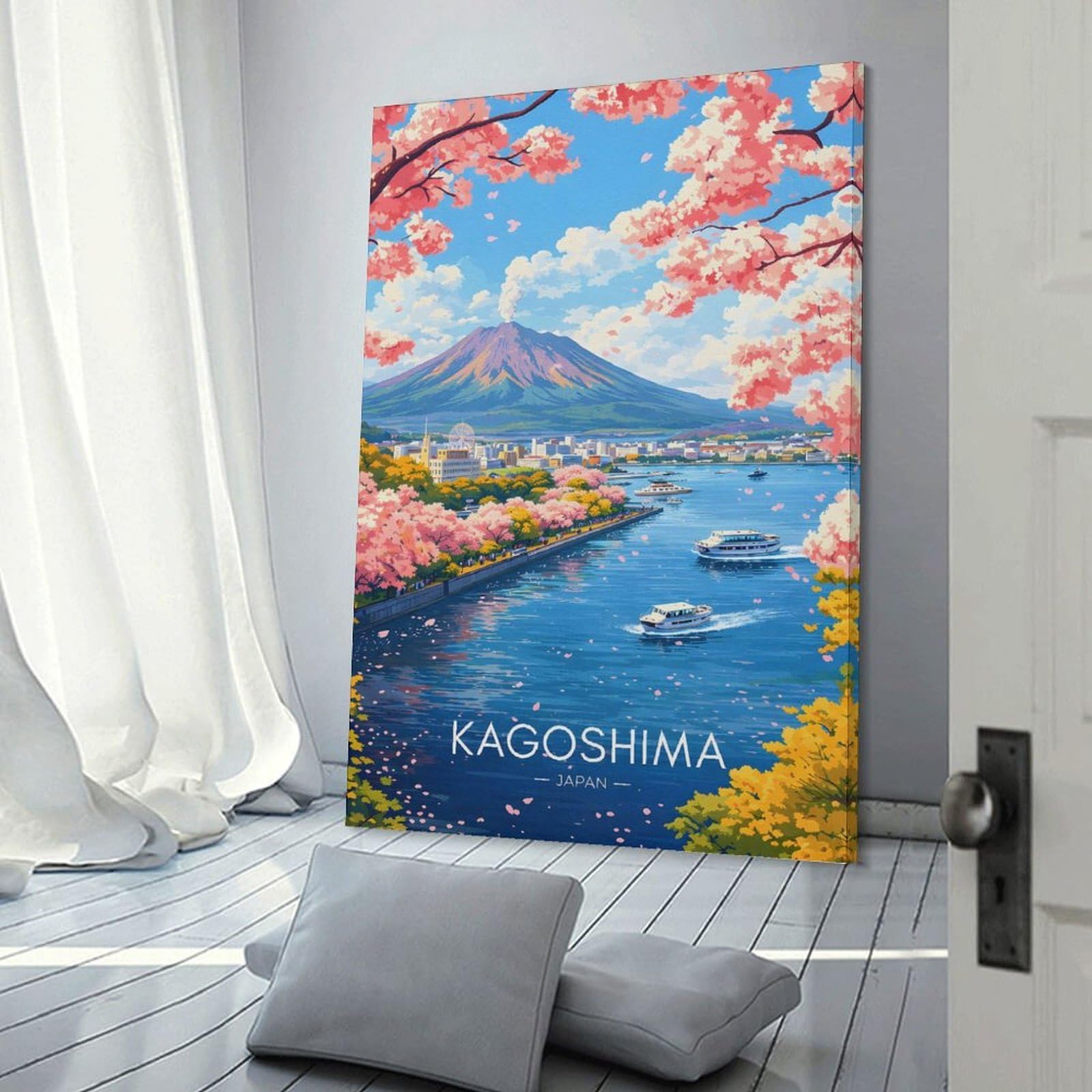 Junmoney Kagoshima with Sakurajima Volcano Decorative Wall Artwork, 12x18inch(30x45cm), for Study, Office Or Focused Interiors, A Smart Decor Choice for Study Walls