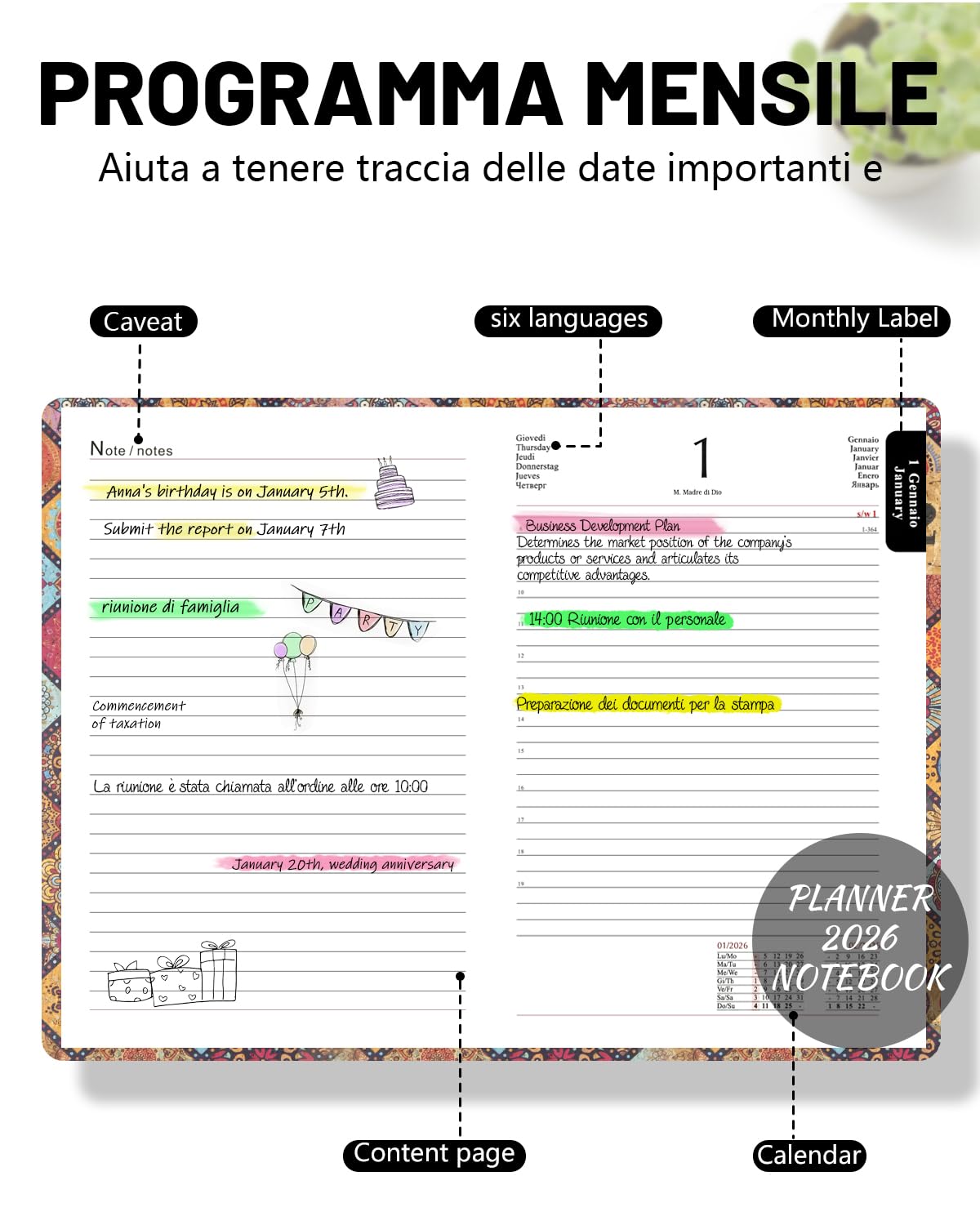 （Gen.-Dic.2026）HW CASA Agenda Giornaliera 2026 Formato A5, Festività Multilingue (DE/IT/ES/EN/FR),Gennaio-Dicembre 2026