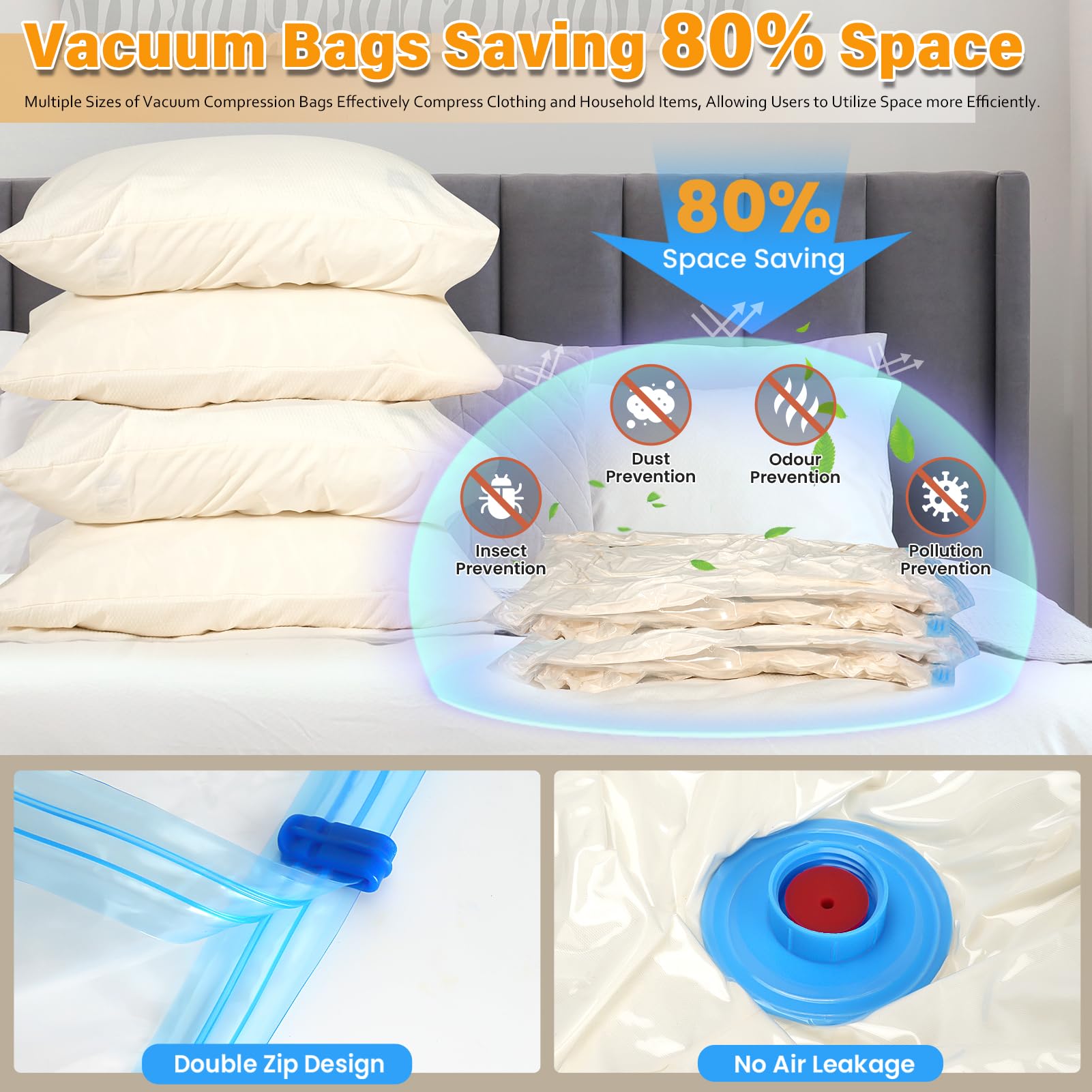 Paquete de 12 bolsas gruesas de almacenamiento al vacío medianas para ropa con bomba de mano, bolsas selladas al vacío para ropa, edredones y mantas