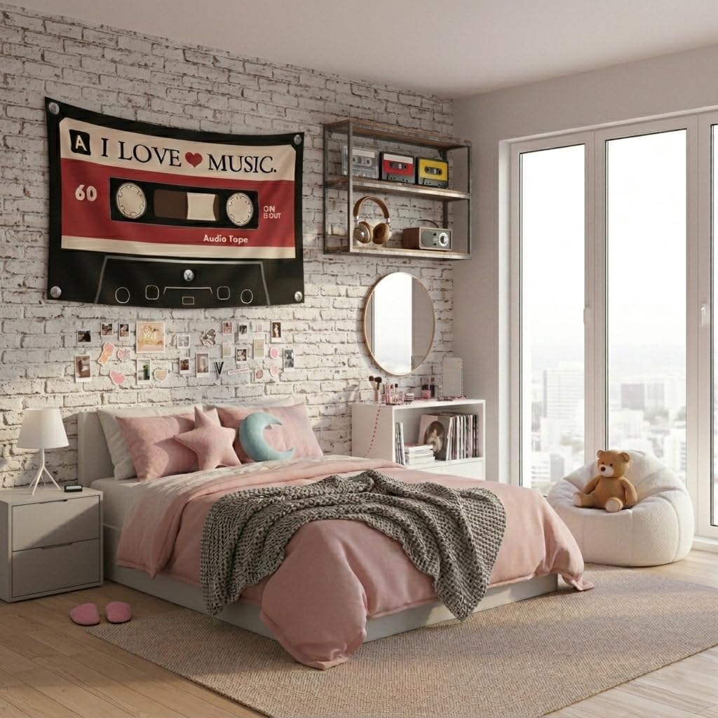 I LOVE MUSIC Flag 3x5 Ft - Y2K Grunge Decor Downtown Girl Aesthetic, Vintage Cassette Tape Tapestry for Bedroom, Retro 90s Indie Alt Scene Wall Banner with 4 Grommets for Teen Girls Dorm