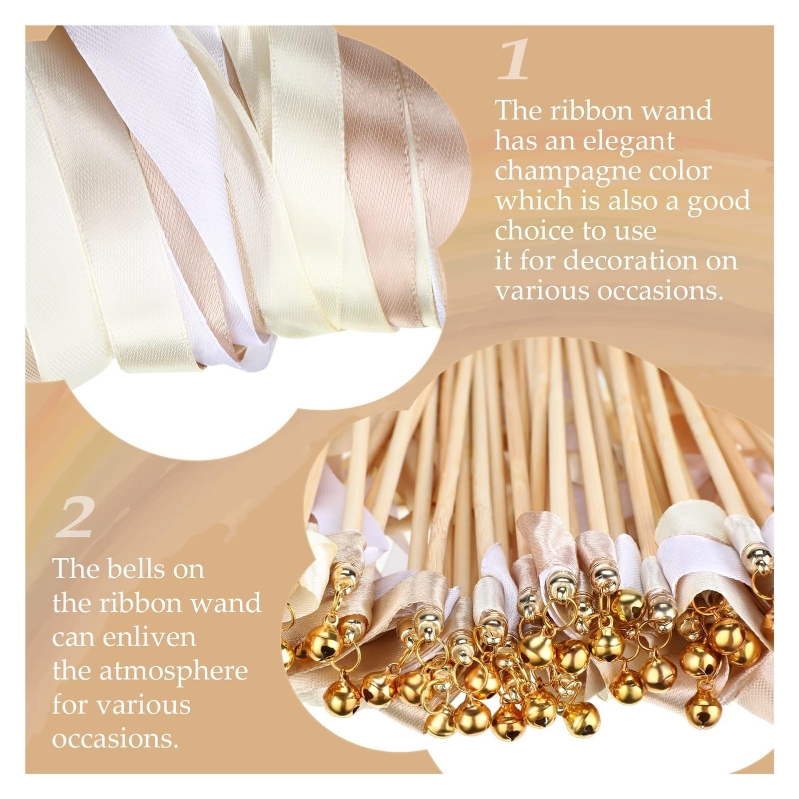 Bänderstäbe Hochzeit Luftschlangen aus Seidenbändern mit Glöckchen, Feenstäben for Gastgeschenke und Dekorationen bei Hochzeitsfeiern(Yellow,200PCS)