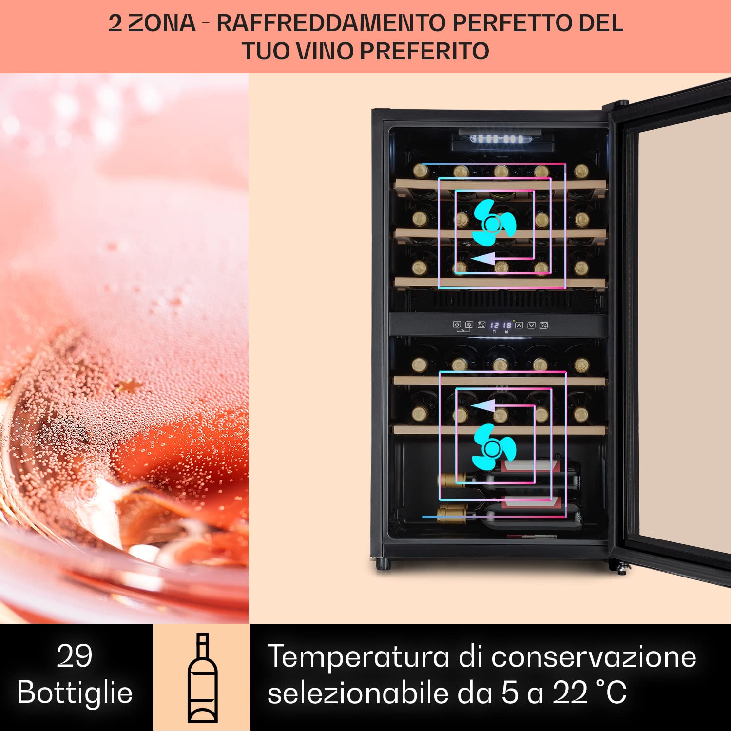 Klarstein Cantinetta Vino, Cantinetta Vino Refrigerata a Zona Doppia per Interno/Esterni, Frigo Bar, Cantina Vino con Vetrina, Mini Bar con Protezione UV, Frigo Vino Touch, 5-22°C, 29 Bottiglie