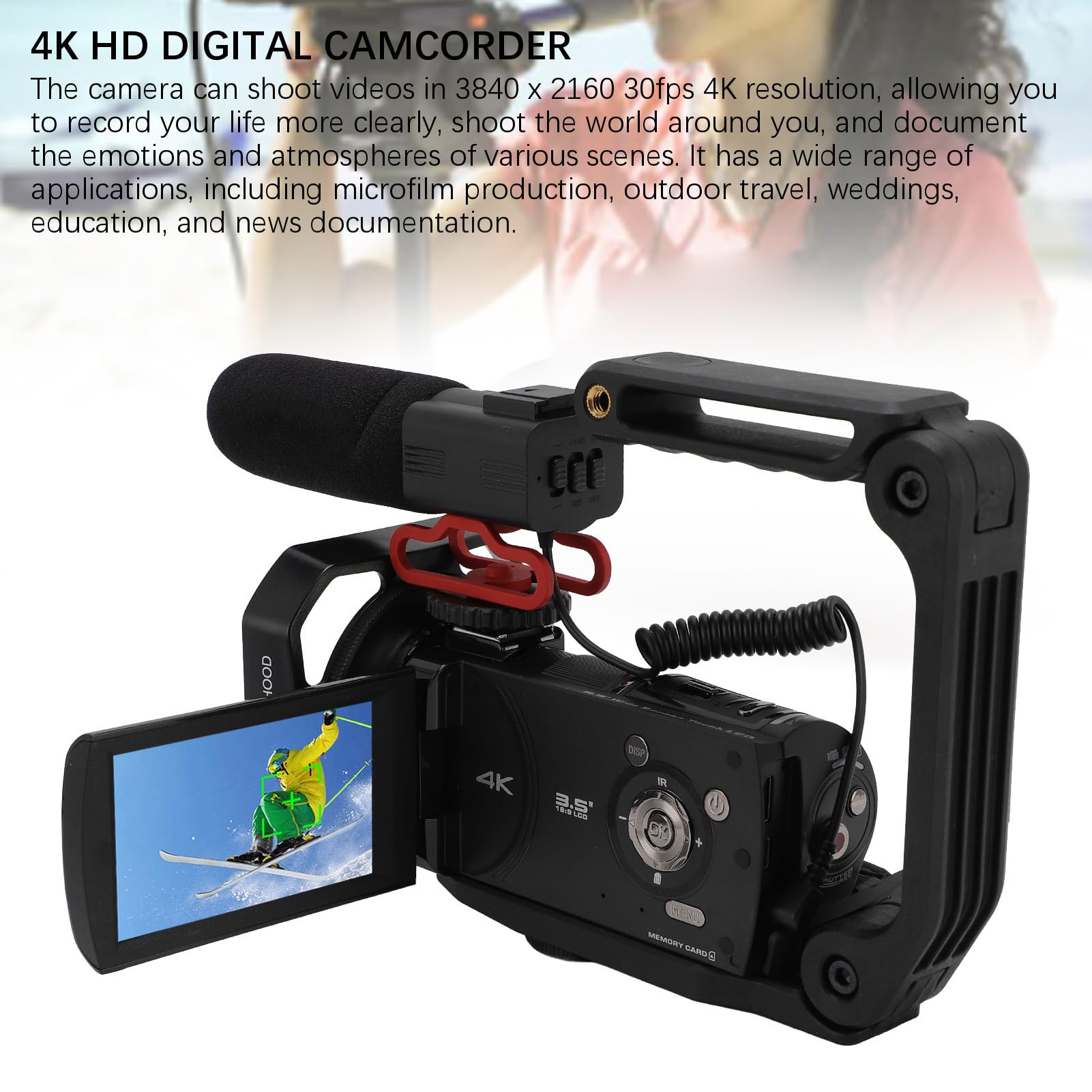 Fabater Caméscope Vidéo 4K, Caméra Vlogging 30 MP pour Youtube, Zoom 30X, Caméscope à écran Rotatif de 3,5 Pouces à 270 Degrés avec Microphone, Stabilisateur, Pare-Soleil, Télécommande