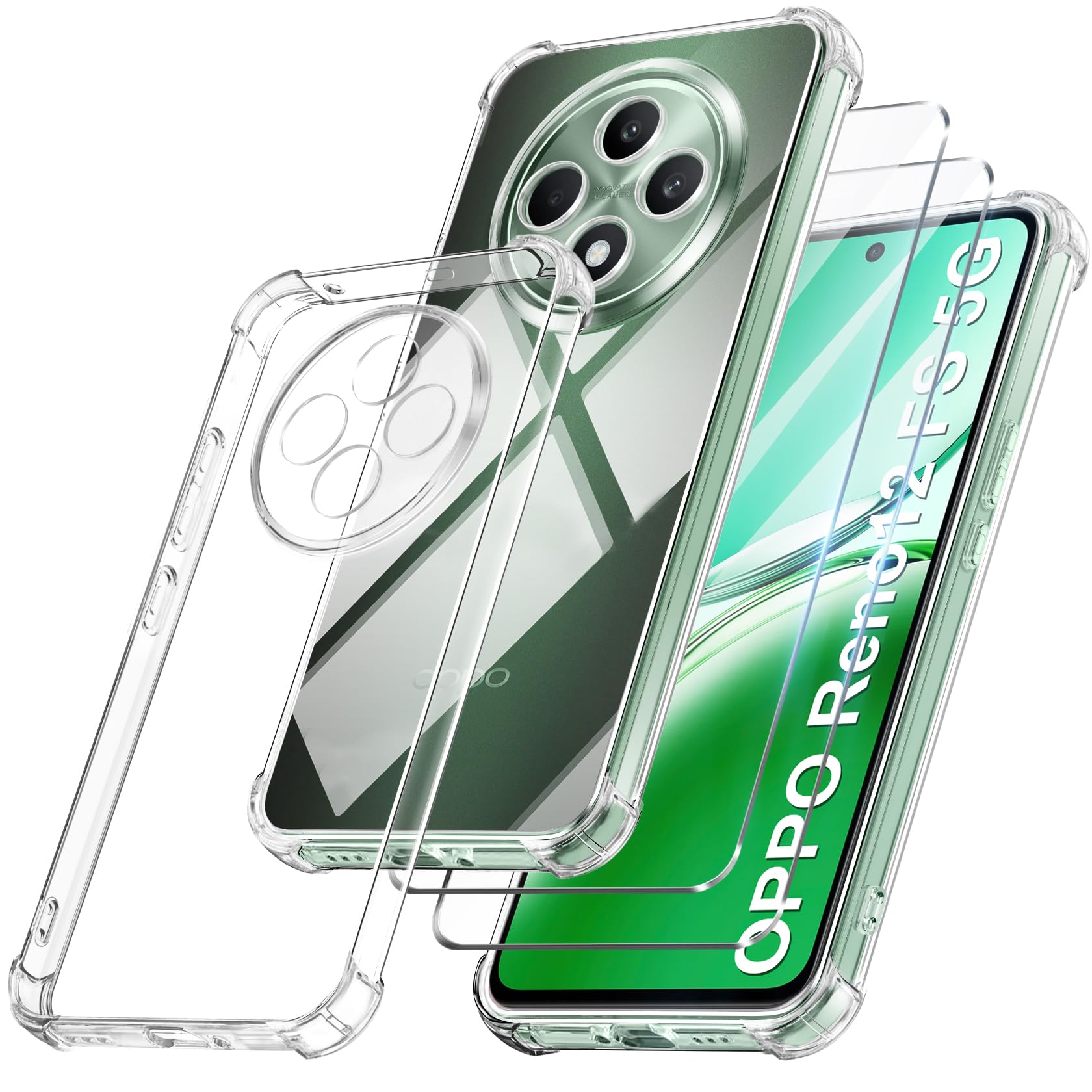FLLAO Cover Compatibile con OPPO Reno 12 F (4G / 5G) OPPO Reno 12 FS 5G con 2 Vetro Temperato [Protezione Fotocamera] Anti Ingiallimento Antiurto Silicona TPU Morbido Custodia - Trasparente