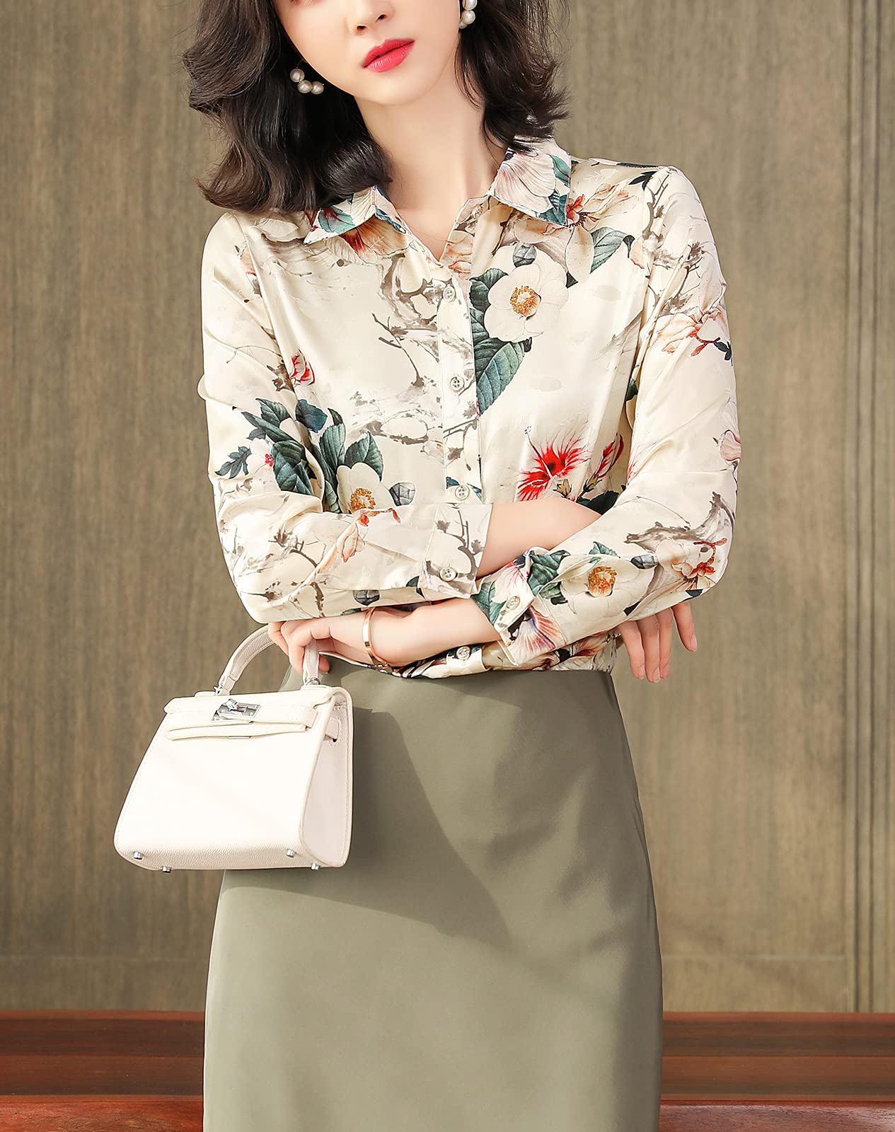 Valin Blusa de seda para mujer con estampado de botones camisas de mujer blusa de manga larga solapa blusa de seda,S6616