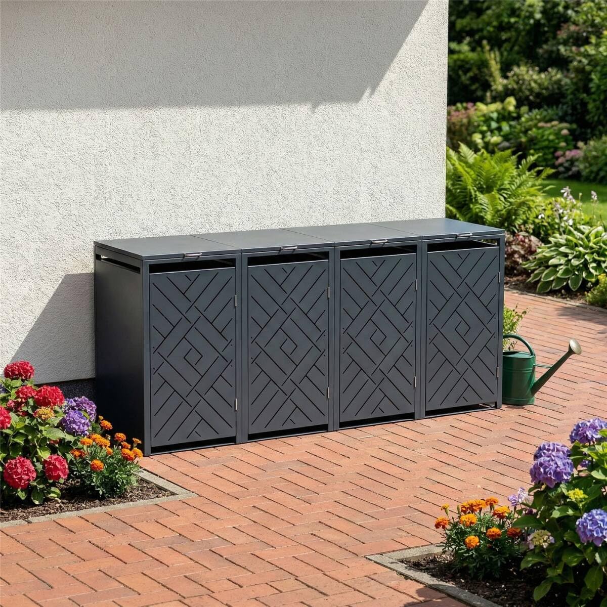 Metzler Mülltonnenbox 4er 240L Anthrazit mit Rautenmuster, Metall Mülltonnenverkleidung für 4 Tonnen abschließbar, Vier Mülltonnenboxen pulverbeschichtet und wetterfest mit Automatikdeckel | Prisma