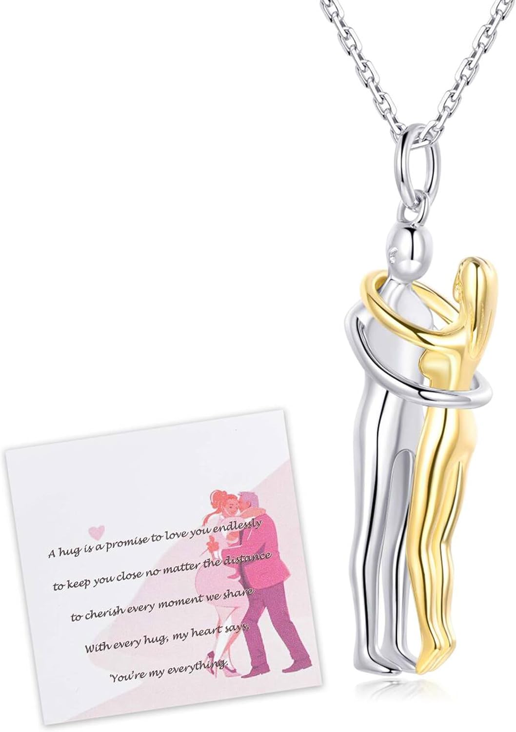 Valentine's Day Gift Necklaces for Women Hug Necklace for Couples: Sterling Silver Hugging Necklaces for Boyfriend Girlfriend Embrace Pendant Necklace - Christmas Jewelry Gifts for Lovers