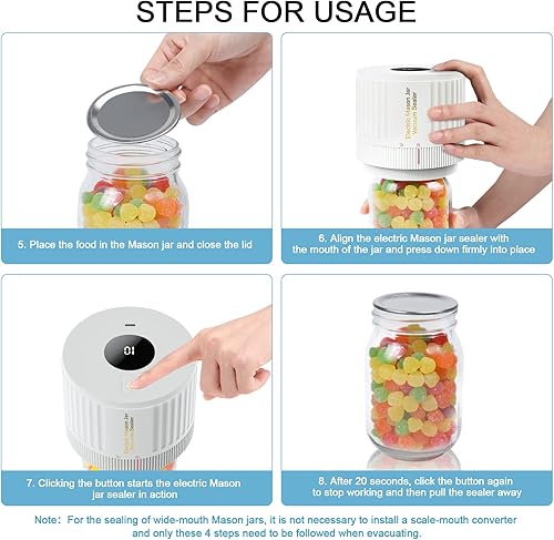 Miniatura 5 de Sellador al vacío eléctrico para tarros Mason de boca ancha, compatible con tarros Mason de boca ancha y regular, máquina de vacío integrada, color