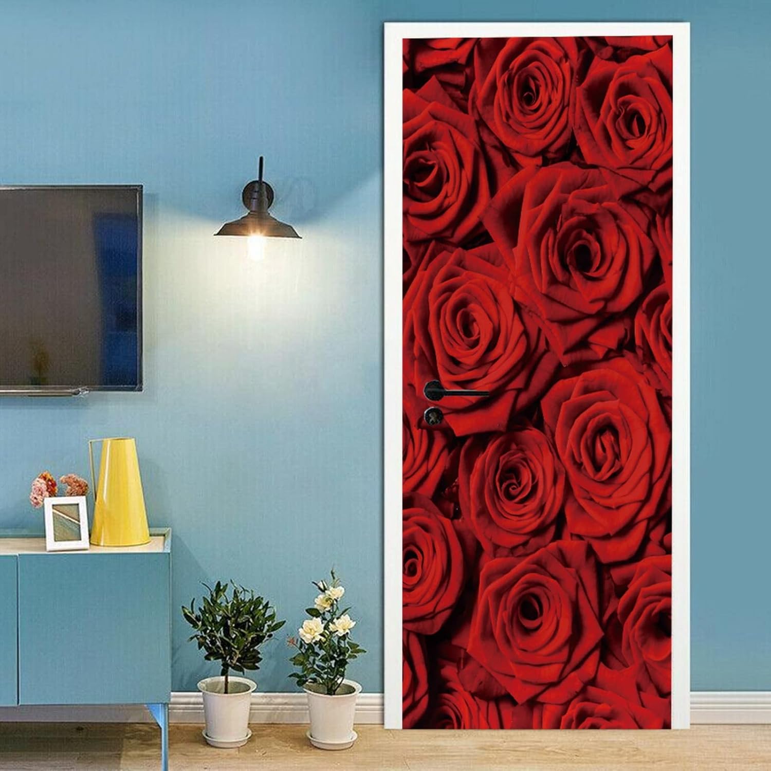 A.Monamour 3D Door Stickers for Interior Doors Red Roses Background Vinyl Removable Self Adhesive Door Poster Wallpaper Mural Decals for Bedroom Office Bathroom 77x200cm