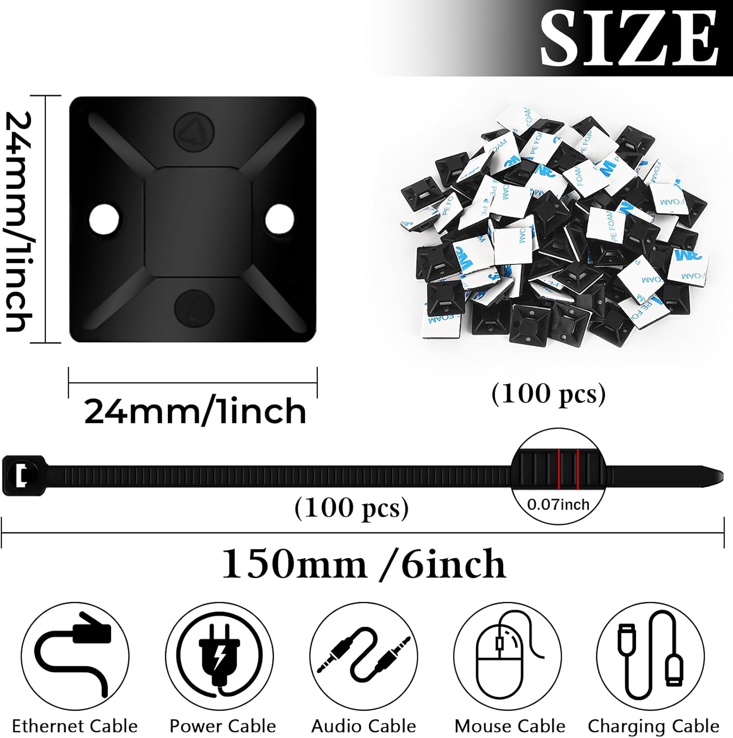 100Pack Self Adhesive Wire Clips Cable Zip Tie Mounts 1" Stick Pads Multi-Purpose Wire Tie Mount Base Holders with 6 Inch Zip Ties for Wire Management (Black)
