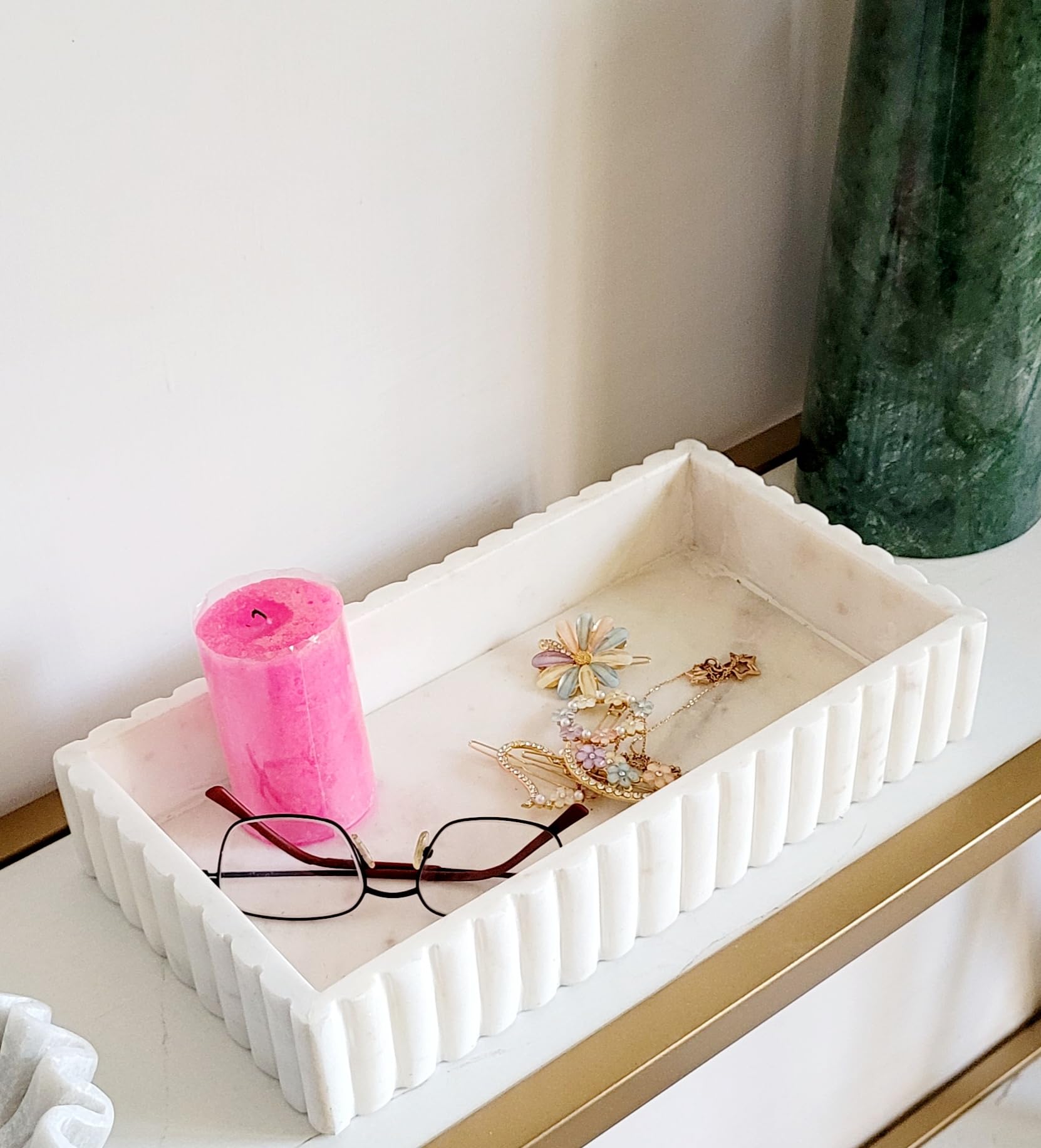 White Marble Vanity Tray with Brush Holder - Handmade -5