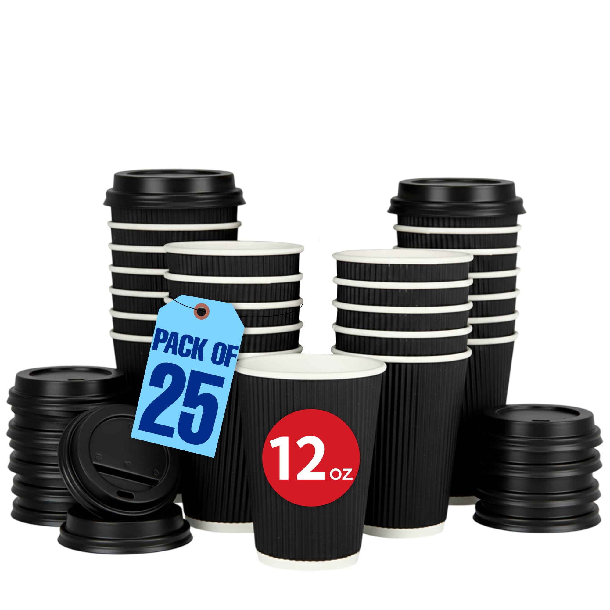 MARKQ [25 Sets] 12 oz. Black Disposable Coffee Cups with Lids - Triple Wall Ripple Paper Cups for Hot & Cold Drinks
