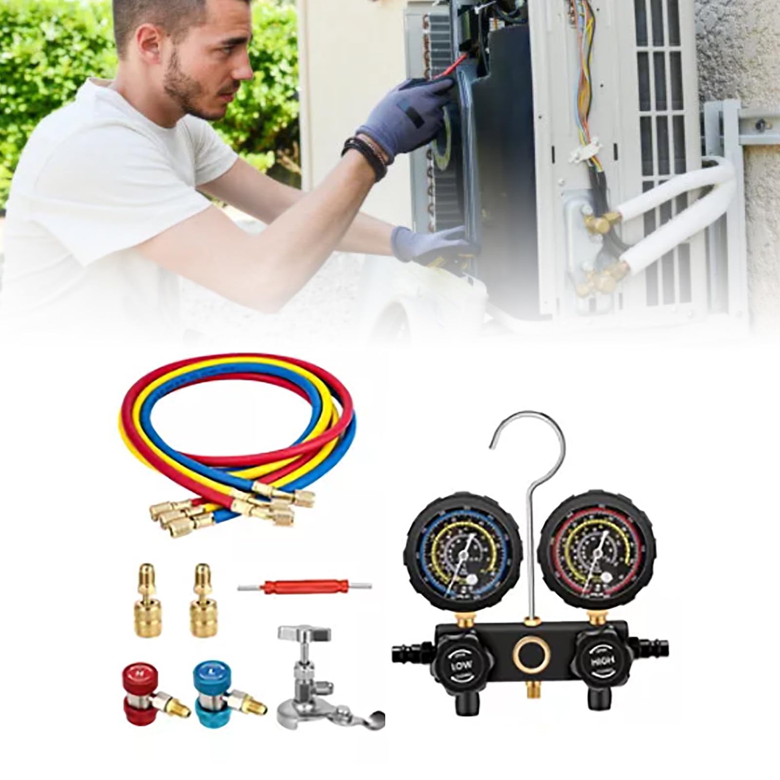 Qcwwy Juego de Manómetros de Colector de Refrigerante, R410A R22 R134a R404A Juego de Manómetros de CA Medidor de Presión de CA Herramientas de Reparación de Líneas de Aire