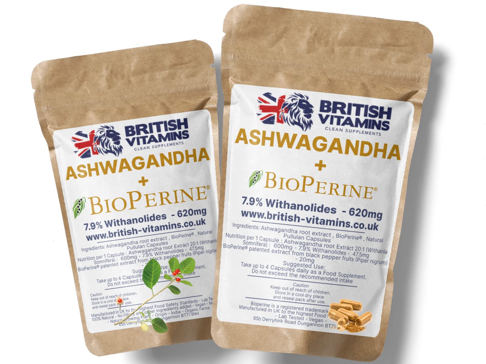 Ashwagandha 7.9% Withanolides with BioPerine Black Pepper 50:1 | Highest Strength Root Extract | Non-GMO, Gluten Free Supplement | No Fillers and Artificial Additives | 120 Vegan Capsules